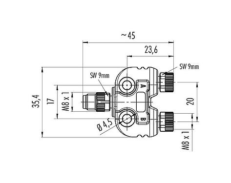 Schaaltekening M8 Tweevoudige verdeler, Y-verdeler, stekker - 2 female, aantal polen: 4/3, onafgeschermd, stekerbaar, IP67, UL 2238