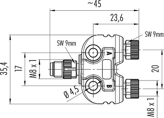 Dessin coté M8 Répartiteur double, Y-distributeur, mâle - 2 femelle, Contacts: 4/3, non blindé, enfichable, IP67, UL 2238
