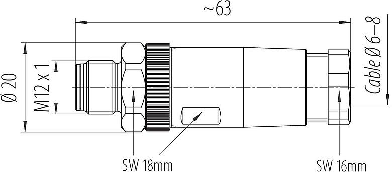 Масштабный чертеж M12 Кабельный штекер, Количество полюсов: 4, 6,0-8,0 мм, не экранированный, винтовая клемма, IP67, нержавеющая сталь