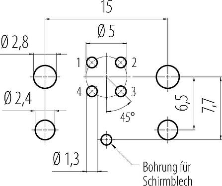 Leiterplattenlayout M12 Flanschdose, Polzahl: 4, schirmbar, THR, IP67, UL 2238, M12x1,0, Rückwandmontage