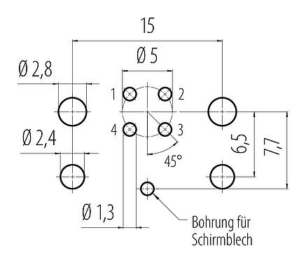 Leiterplattenlayout M12 Flanschdose, Polzahl: 4, schirmbar, THR, IP67, UL 2238, M12x1,0, Rückwandmontage