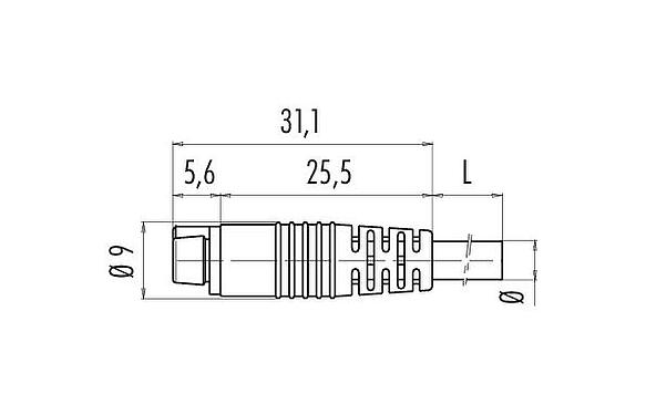 Dessin coté Snap-In Connecteur femelle, Contacts: 3, non blindé, surmoulé sur le câble, IP40, PVC, noir, 3 x 0,25 mm², 2 m