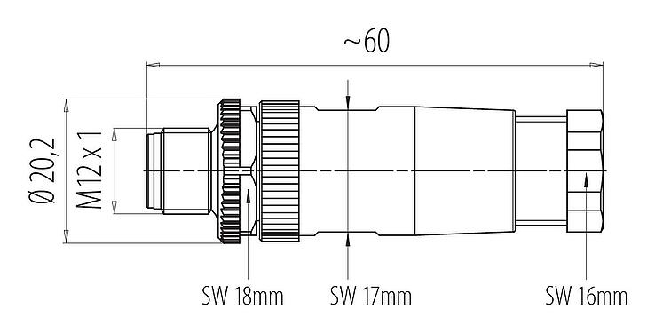 縮尺図 M12 オスコネクタケーブル, 極数: 3, 6.0-8.0mm, 非シールド, ねじ圧着, IP67, UL 2238