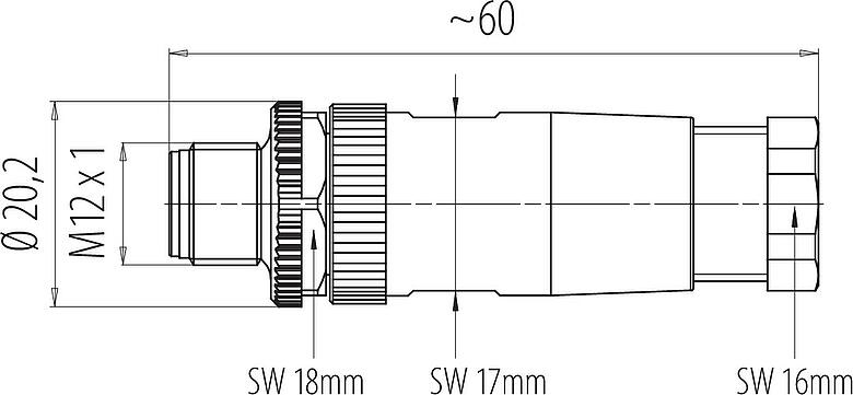 Maßzeichnung M12 Kabelstecker, Polzahl: 5, 6,0-8,0 mm, ungeschirmt, schraubklemm, IP67, UL 2238
