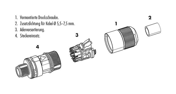 Einzelteildarstellung M12 Kabelstecker, Polzahl: 8, 5,5-9,0 mm, schirmbar, IDC, IP67