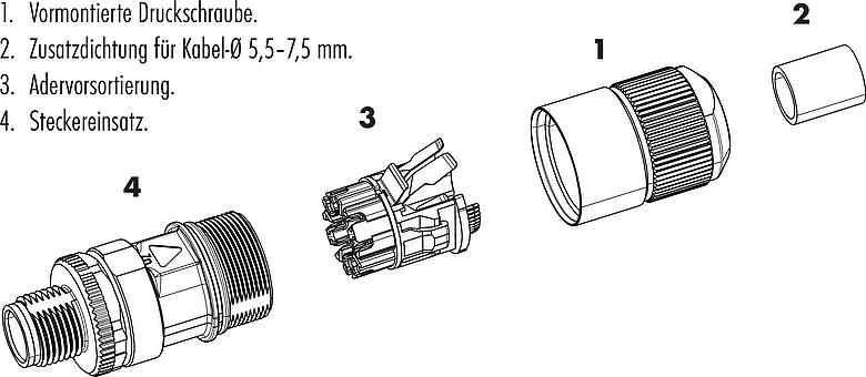 Einzelteildarstellung M12 Kabelstecker, Polzahl: 8, 5,5-9,0 mm, schirmbar, IDC, IP67