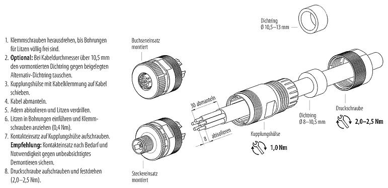 Montageanleitung M12 Kabelstecker, Polzahl: 4+PE, 8,0-13,0 mm, ungeschirmt, schraubklemm, IP67, UL 2238