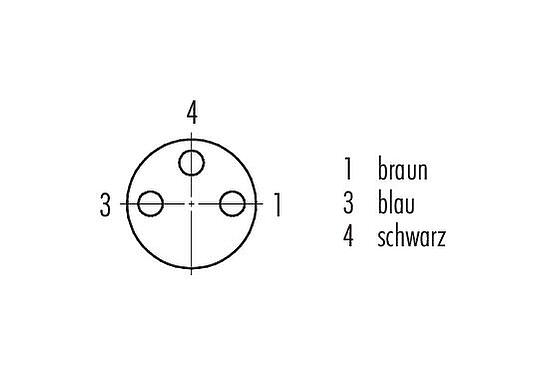 Polbild (Steckseite) M8 Kabeldose, Polzahl: 3, ungeschirmt, am Kabel angespritzt, IP65, PUR, schwarz, 3 x 0,14 mm², Snap-in Version, 2 m