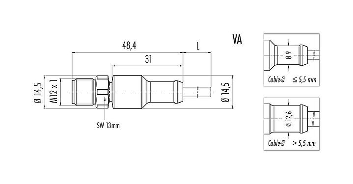 Dessin coté M12 Connecteur mâle, Contacts: 5, non blindé, surmoulé sur le câble, IP67/IP69K, UL 2238, PUR, noir, 5 x 0,34 mm², Acier inoxydable, 5 m