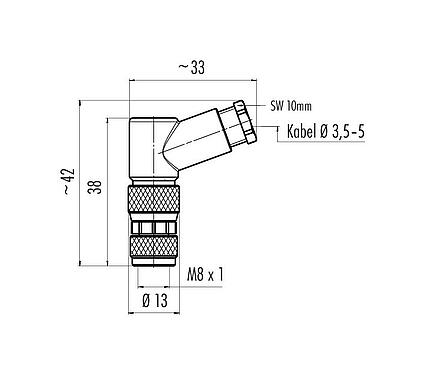 Maßzeichnung M8 Winkeldose, Polzahl: 4, 3,5-5,0 mm, ungeschirmt, schraubklemm, IP67, UL 2238