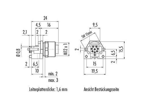 Maßzeichnung M12 Flanschdose, Polzahl: 8, ungeschirmt, THR, IP68, UL 2238, M12x1,0, Frontmontage, für die Leiterplattenmontage