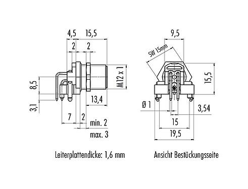 Maßzeichnung M12 Flanschstecker, gewinkelt, Polzahl: 4, ungeschirmt, THR, IP68, UL 2238, Rückwandmontage, für die Leiterplattenmontage, zweiteilige Ausführung