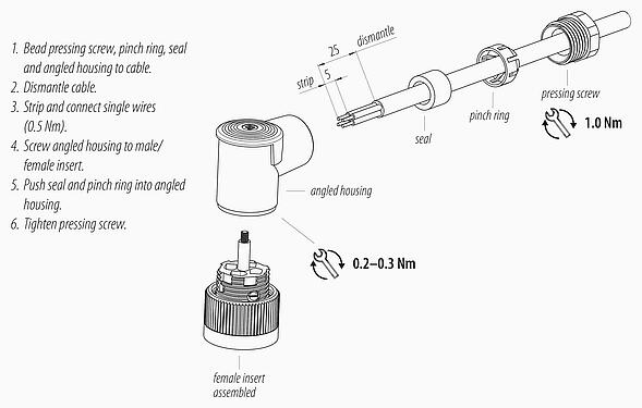 Instructions de montage M18 Connecteur femelle coudé, Contacts: 4, 6,5-8,0 mm, non blindé, pince à visser, IP67