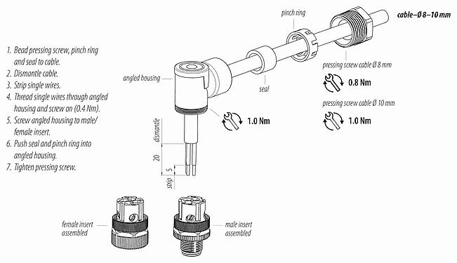 Összeszerelési utasítás 99 0629 58 04 - M12 derékszögű csatlakozó, : 4, 8,0-10,0 mm, árnyékolatlan, csavaros bilincs, IP67, UL 2238, VDE