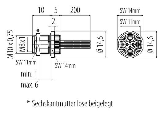 Maßzeichnung M8 Flanschdose, Polzahl: 4, ungeschirmt, Litzen, IP67, M8x1,0, Rückwandmontage