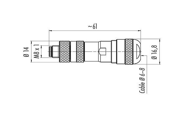 Desenho da escala 99 3363 300 04 - M8 Plugue de cabo, Contatos: 4, 6,0-8,0 mm, blindável, pinça de parafuso, IP67, UL
