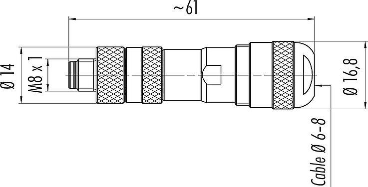 Dessin coté M8 Connecteur mâle, Contacts: 3, 6,0-8,0 mm, blindable, pince à visser, IP67, UL 2238, avec anneau de protection