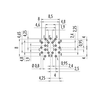 Leiterplattenlayout 09 0463 90 19 - M16 Flanschstecker, Polzahl: 19 (19-a), ungeschirmt, THT, IP67, UL, von vorne verschraubbar