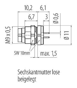 Maßzeichnung M9 Flanschstecker, Polzahl: 4, ungeschirmt, THT, IP40, M9x0,5, Rückwandmontage