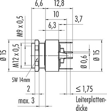 Maßzeichnung M9 Flanschdose, Polzahl: 3, schirmbar, THT, IP67, M12x0,5, Rückwandmontage, vergossen