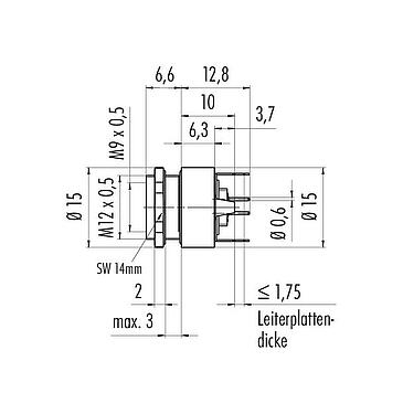Maßzeichnung M9 Flanschdose, Polzahl: 8, schirmbar, THT, IP67, M12x0,5, Rückwandmontage, vergossen