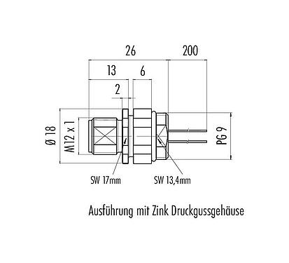 Maßzeichnung M12 Flanschstecker, Polzahl: 4, ungeschirmt, Litzen, IP68, UL 2238, PG 9, Frontmontage