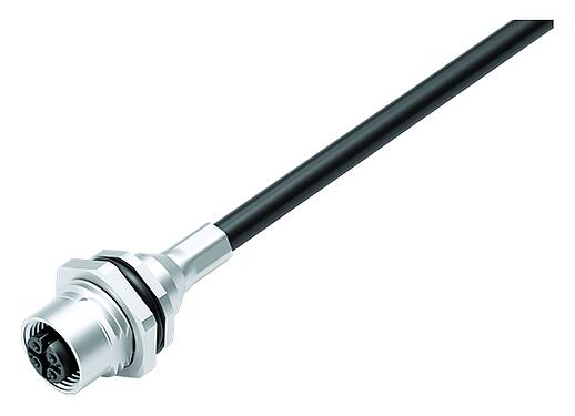 Illustration M12 Female panel mount connector, Contacts: 5, shielded, with cable assembled, IP68, M16x1.5, PUR, black, 5 x 0.25 mm², Rear mounting, 0.5 m