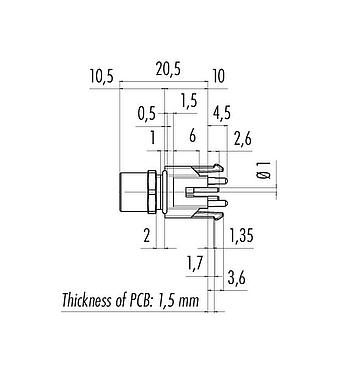 縮尺図 M8 メスパネルマウントコネクタ, 極数: 3, 非シールド, THR, IP67, UL 2238