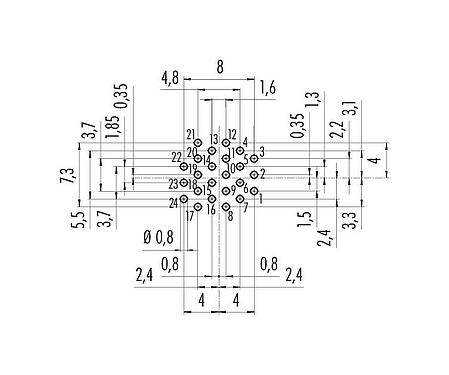 Leiterplattenlayout 09 0497 90 24 - M16 Flanschstecker, Polzahl: 24, ungeschirmt, THT, IP67, UL, von vorne verschraubbar