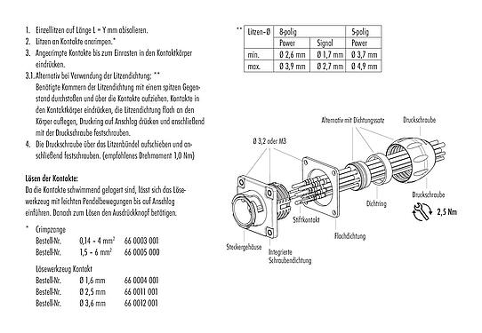 Montageanleitung Bajonett Flanschstecker, Polzahl: 4+PE, ungeschirmt, crimpen (Crimpkontakte müssen separat bestellt werden), IP68/IP69K, UL 2238, VDE, Frontmontage