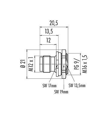 Dibujo a escala M12 Enchufe de brida, Número de contactos: 4, sin blindaje, soldadura, IP67, UL 2238, PG 9, Montaje frontal