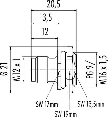 Desenho da escala M12 Bujão flangeado, Contatos: 8, desprotegido, solda, IP67, UL 2238, PG 9, Montagem frontal