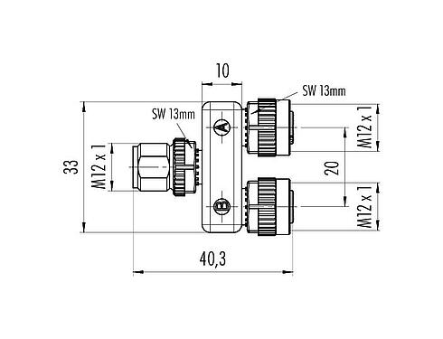 Disegno in scala 79 5211 00 08 - M12/M12 Scatola di distribuzione doppia, distributore a Y, maschio - 2 femmina, Numero poli: 8, non schermato, innestabile, IP68, UL 2238
