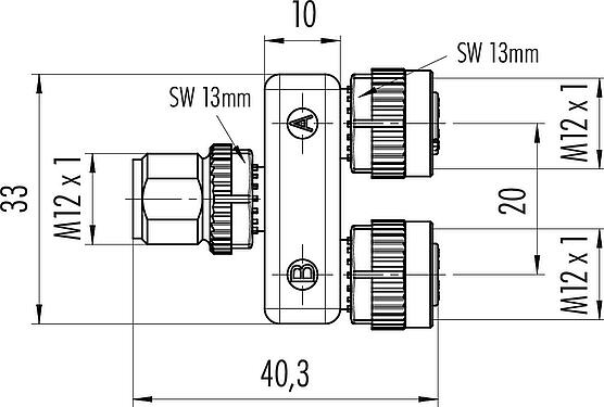 Scale drawing M12 Twin distributors, Y-distributor, male connector - 2 female connector, Contacts: 5, unshielded, pluggable, IP68, UL 2238