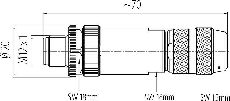 縮尺図 M12 オスコネクタケーブル, 極数: 5, 8.0-9.0mm, シールド可能, ワイヤークランプ, IP67, アイリスフェーダー