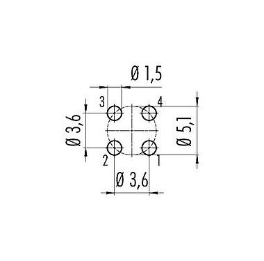 Disposizione dei conduttori 09 0632 90 04 - M12 Connettore femmina a flangia, Numero poli: 4, non schermato, THT, IP68, UL, VDE, M16x1,5, montaggio anteriore