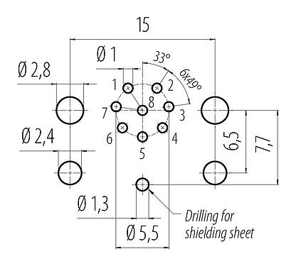 导体结构 M12 孔头法兰座, 极数: 8, 可接屏蔽, THR, IP68, UL 2238, M12x1.0, 板前安装, 用于PCB组装
