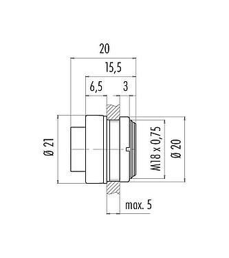 Scale drawing Bayonet Male panel mount connector, Contacts: 5, unshielded, solder, IP40, M18x0,75, Front mounting