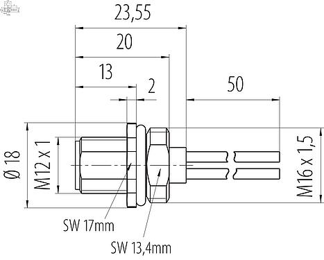 Maßzeichnung M12 Flanschdose, Polzahl: 4, ungeschirmt, Litzen, IP68, UL 2238, VDE, M16x1,5