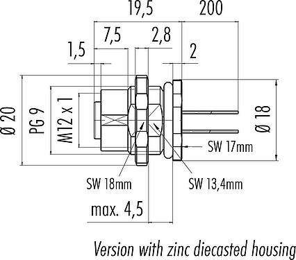 Schaaltekening M12 Female panel mount connector, aantal polen: 4, onafgeschermd, draden, IP67, UL 2238, PG 9, Achterwandmontage