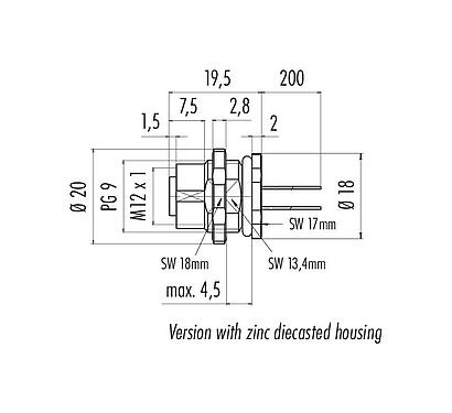Scale drawing 76 0536 1011 00404-0200 - M12 Female panel mount connector, Contacts: 4, unshielded, single wires, IP67, UL, PG 9, front fastened