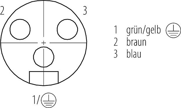 Polbild (Steckseite) 7/8" Flanschdose, Polzahl: 2+PE, ungeschirmt, Litzen, IP68, UL 2238, VDE, PG 13,5, Frontmontage, vergossen