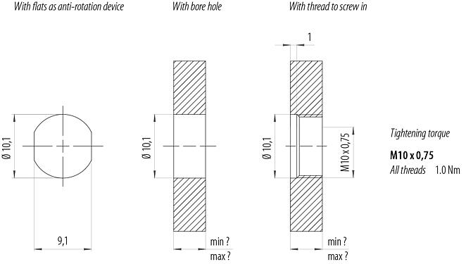 Assembly instructions / Panel cut-out M8 Female panel mount connector, Contacts: 3, solder, IP67/IP69K, M10x0.75, Rear mounting, with solder cups