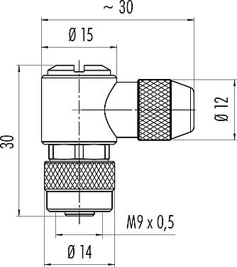 Dibujo a escala M9 Conector hembra en ángulo, Número de contactos: 8, 3,5-5,0 mm, blindable, soldadura, IP67