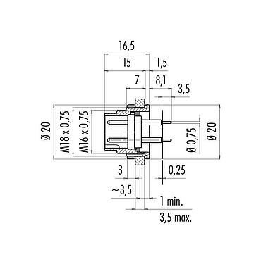Maßzeichnung 09 0173 65 08 - M16 Flanschstecker, Polzahl: 8 (08-a), ungeschirmt, THT, IP68, von vorne verschraubbar