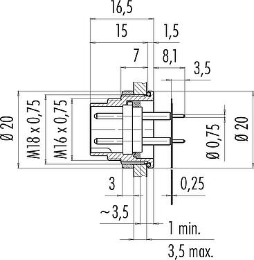 Skalritning M16 Flänsplugg, antal poler: 7 (07-a), oskärmad, THT, IP67, M18x0,75, Bakre väggmontering, gjuten