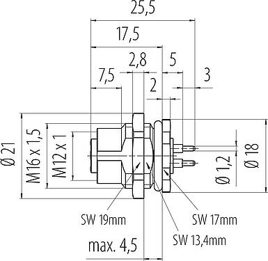 Disegno in scala M12 Connettore femmina a flangia, Numero poli: 4, non schermato, THT, IP68, UL 2238, M16x1,5, Montaggio su panello posteriore, modellato