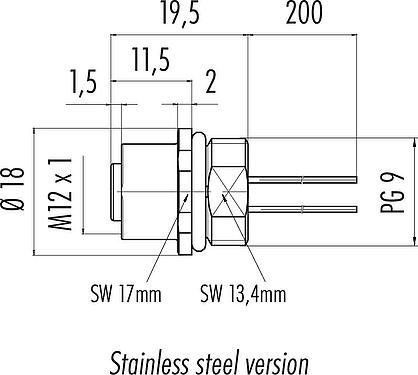 Scale drawing M12 Female panel mount connector, Contacts: 4, unshielded, single wires, IP68, UL 2238, PG 9, Front mounting, stainless steel, potted