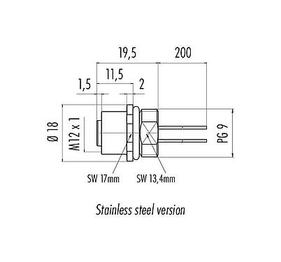 Dessin coté M12 Embase femelle, Contacts: 12, non blindé, fils, IP68, UL 2238, PG 9, Montage frontal, coulé