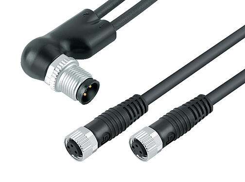 Illustration 77 9827 3406 50003-0200 - M12 Duo connecteur d‘angle mâle - 2 connecteurs femelle M8x1, Contacts: 4/3, non blindé, surmoulé sur le câble, IP67, UL, PUR, noir, 3 x 0,34 mm², 2 m